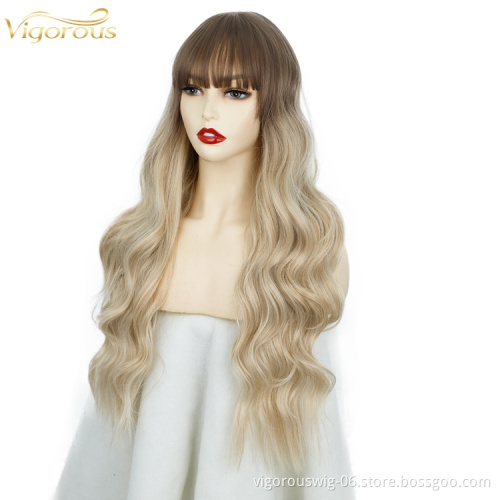 Vigorous Blonde Brown Ombre Wigs with Bangs Natural Wave Long Curly Two Tone Synthetic Hair for Black Women Cosplay Party